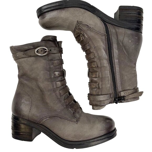 Miz Mooz SIZE 36 (5.5-6) Distressed Gray Genuine Leather Studded Strappy Boots - Picture 1 of 9